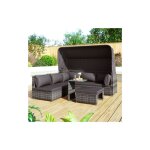 Salon de jardin en rotin tress� avec auvent, canap�, poufs, fauteuils et table ? mobilier de terrasse ...
