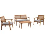 Dcoshop26 - salon de jardin avec table banc et 2 chaises bois et polyrotin coussins gris 040008325
