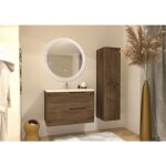 Sanitaire - meuble vasque luna bois foncé 80cm avec miroir rond perle Sanitaire - meuble vasque luna bois foncé 80cm avec miroir rond perle