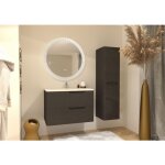 Meuble vasque luna tissé gris 80 cm avec miroir rond perle Meuble vasque luna tissé gris 80 cm avec miroir rond perle