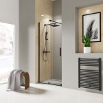 Porte de douche coulissante 140 x 200 cm, verre 8 mm transparent anticalcaire, profil noir version gauche, ...