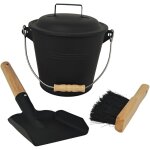 Seau � cendres relaxdays avec couvercle, 4, 5 l, pelle et balayette incluses, poign�e en bois, noir / ...