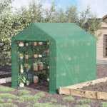 Serre de jardin tunnel avec 8 �tag�res, porte zipp�e, b�che pe anti - uv, structure acier, verte
