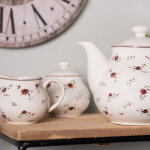 Service � lait et sucrier beige en c�ramique motifs fleurs 12x9x8 / 9x10 cm