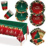 Service de table de nol en papier 69 pices, 1 nappe, 16 assiettes plates et 16 assiettes  salade, ...