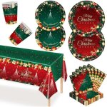 Service de table de nol en papier 69 pices, 1 nappe, 16 assiettes plates et 16 assiettes  salade, ...