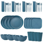 Service de table portable en paille de bl� (bols, assiettes et tasses), couteau, fourchette, cuill�re ...