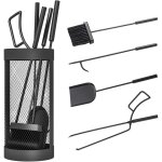 Serviteur de cheminée moderne 5 pièces - balai, pelle, pince, tisonnier, seau - métal noir Serviteur de cheminée moderne 5 pièces - balai, pelle, pince, tisonnier, seau - métal noir