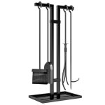 Serviteur de cheminée moderne 5 pièces - balai, pelle, pince, tisonnier, support - métal noir Serviteur de cheminée moderne 5 pièces - balai, pelle, pince, tisonnier, support - métal noir