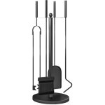 Serviteur de chemine moderne 5 pices - balai, pelle, pince, tisonnier, support - mtal noir