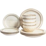 Set de 12 pices de vaisselle en grs fait main finition mail beige clair chives