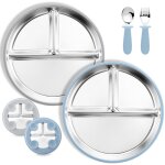 Set de 2 assiettes en acier inoxydable avec ventouse pour b�b� et set de 1 cuill�res et fourchettes, ...