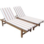 Set de 2 bains de soleil en acacia ? arequipa ? transats avec coussins beige � rayures blanches et roulettes. ...