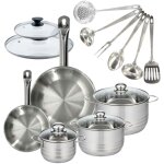 Set 2 poles 20 et 28 cm en inox et couvercles, 3 faitouts inox 16, 20 et 24 cm et 6 ustensiles inox ...