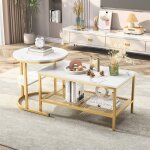 Set de 2 tables basses, plateau en marbre et structure en mtal - pieds rglables, design modulaire et ...