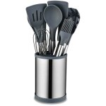 Set de 22 ustensiles de cuisine en silicone en acier inoxydable avec tambour de rangement rotatif gris ...