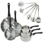 Set 3 po�les 20 24 et 28 cm, 3 casseroles en inox et 6 ustensiles inox fackelmann geneva