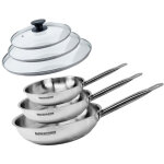 Set de 3 po�les 20 24 et 28 cm en inox et 3 couvercles en verre fackelmann eterna