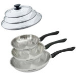 Set 3 po�les 20 24 et 28 cm en inox et 3 couvercles verre fackelmann geneva