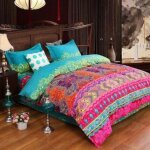 Set de 4 pi�ces parure de lit 220x240cm style boho / indien avec 2 taies d'oreiller 48x75cm et 1 drap ...