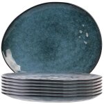 Set de 6 assiettes plates galet en c�ramique au gr�s du temps bleu (27. 5x23cm) - galet