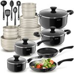 Set de cuisine pour 6 personnes avec vaisselle et casseroles - noir / taupe, 39 pi�ces