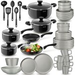 Set de cuisine pour 6 personnes avec vaisselle et casseroles - gris / noir, 45 pi�ces