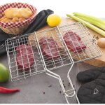 Double grille barbecue rectangle 34x22 cm en acier chrom� avec manche en bois