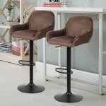 Tabourets de bar lot de 2 tissu velours brun avec dossier et accoudoirs, tabourets hauts supports, pieds ...