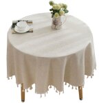 Nappe beige ronde en lin & coton couverture de table anti - tache lavable avec glands pour anniversaire, ... Nappe beige ronde en lin & coton couverture de table anti - tache lavable avec glands pour anniversaire, ...