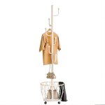 Porte - manteau en m�tal avec roulettes / panier rangement / 6 crochets suspension, porte - manteau autonome ...