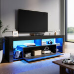 Sirhona - meuble tv noir avec lumi�res led meuble tele �tag�res en verre espace de rangement multicouche ...