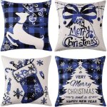 Lot de 4 housses de coussin dcoratives en lin pour dcoration de nol, motif sapin de nol, renne, dcoration ...