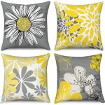 Housse de coussin jaune 45x45 set de 4, jaune et gris fleurs dcoratives taies d'oreiller moderne marguerite ...