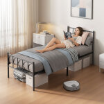 Lit en m�tal 90x200cm, lit adulte, cadre avec t�te de lit et rangement 32cm. 14 lattes sommier m�talliques, ...