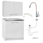 Stamar - ensemble cuisine - meuble blanc 80 cm - design minimaliste - vier inox et robinet beige