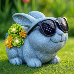 Statuette de lapin solaire avec plantes grasses et led - d�coration ext�rieure pour jardin, pelouse, ...
