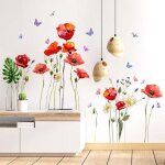 Sticker mural coquelicot fleur rouge stickers muraux plantes papillon stickers muraux chambre salon cuisine ...