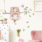 Sticker mural enfant sweet cat (70x50 cm) i sticker animal de la for�t branche d'arbre fleurs i sticker ...