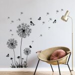 Stickers muraux pissenlit fleurs noires papillons, amovibles pour salons chambres bureaux canap�