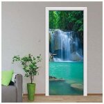 Sticker de porte effet 3d ? papier peint paysage de cascade et for�t verte ? convient pour chambre, salon, ...