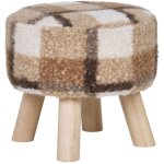 Stool - tabouret bas tissu boucl imprim ecossais pieds en pin naturel