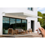 Store banne motoris� semi - coffre structure blanche fazzio 5m x 3m toile beige