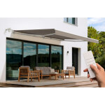 Store banne motoris� semi - coffre structure blanche fazzio 5m x 3m toile taupe