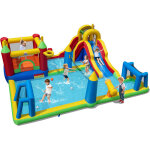 Structure gonflable toboggan aquatique, avec mur d'escalade, piscine avec �claboussures, panier de basket, ...