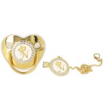 Sucette pour b�b� portable, orn�e d'une couronne dor�e et de strass, avec attache - cha�nette et lettre ...