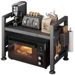 Support micro - ondes extensible multifonction cuisine gris fonc� avec double �tag�re et 6 crochets