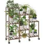 Support plantes int�rieur avec roulettes, porte plante int�rieur en bois, �tag�re � 3 niveaux pour 7 ...