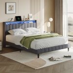 Lit 160 x 200 cm avec sommier, lit 2 personnes avec led et ports usb, �tag�res ouvertes, lit double rembourr� ...