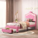 Lit fille 90 x 200 avec led et tiroirs, lit princesse avec tête de lit rembourrée et sommier à lattes, ... Lit fille 90 x 200 avec led et tiroirs, lit princesse avec tête de lit rembourrée et sommier à lattes, ...